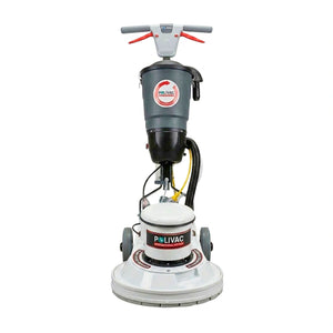A Livac electric floor buffer machine with a gray and black body, white base, and red handle accents, shown against a plain white background.