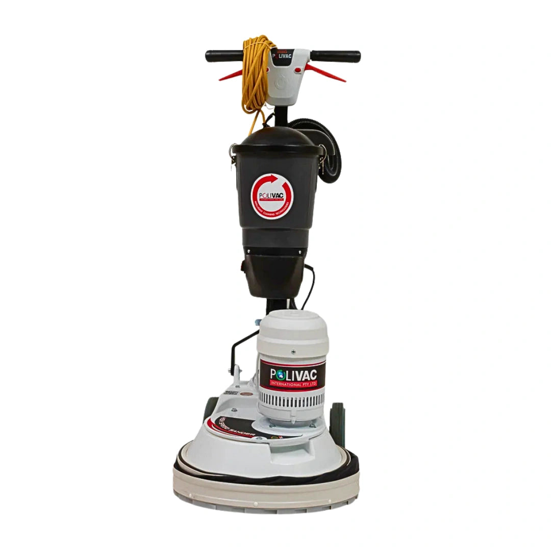 A Polivac floor buffer and polish machine with a black and white body, featuring a yellow coiled cord on the handle and a circular Polivac logo on the main housing, set against a plain white background.