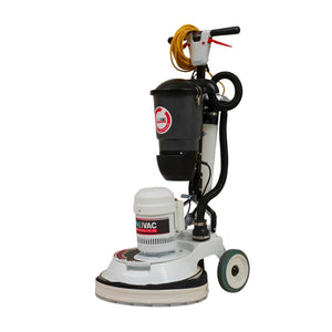 A floor buffer/grinder machine with a white and black body, a black dust container, a yellow extension cord, and a small green-tipped wheel, photographed on a plain white background.