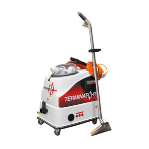 A white and red Pelinac Terminator steam carpet cleaner with a chrome wand, orange hose, and black wheels, shown on a plain white background.