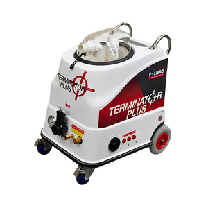 A white and red PALINAC Terminator Plus commercial cleaning machine on wheels, shown from a three-quarter angle against a white background.