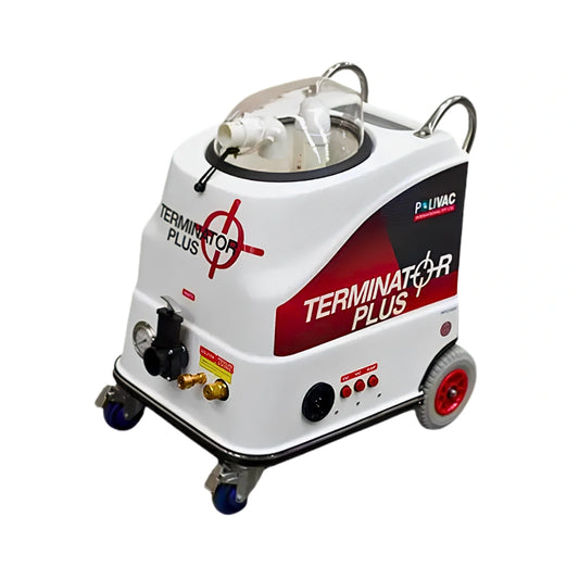 A white and red PALINAC Terminator Plus commercial cleaning machine on wheels, shown from a three-quarter angle against a white background.