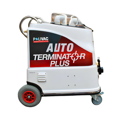 A white industrial floor cleaner machine with red and black branding, featuring two wheels with red rims and a clear top cover, shown on a plain white background.