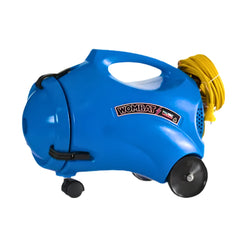 Blue Wombat Pump portable air compressor with a yellow coiled hose and black wheels, shown on a white background.