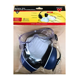 A packaged safety ear protection set including clear protective goggles and navy blue over-ear earmuffs with white padding, sealed in a clear plastic bag with a printed header card.