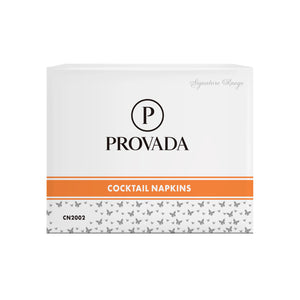 A rectangular box of Provada Cocktail Napkins, featuring a white upper section with the black Provada logo and 'Signature Range' text, an orange horizontal band, and a patterned lower section with small gray butterflies on a white background.