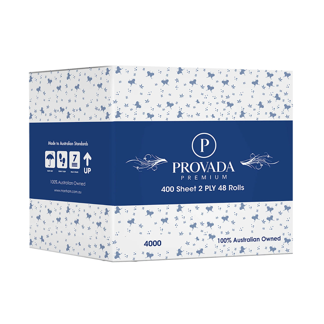A box of Provada Premium 4000 count 100% Australian owned paper, featuring a white patterned design with blue butterflies and a dark blue central band displaying the brand name.