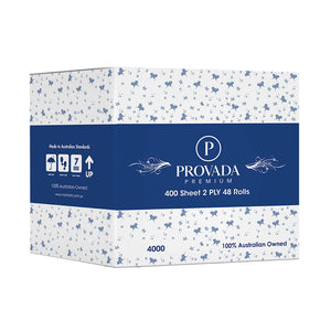 A box of Provada Premium 4000 count 100% Australian owned paper, featuring a white patterned design with blue butterflies and a dark blue central band displaying the brand name.