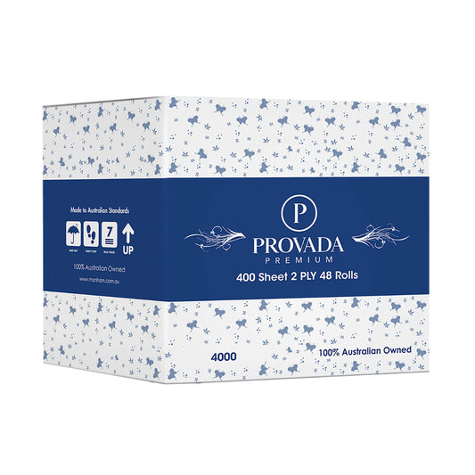 A box of Provada Premium 4000 count 100% Australian owned paper, featuring a white patterned design with blue butterflies and a dark blue central band displaying the brand name.