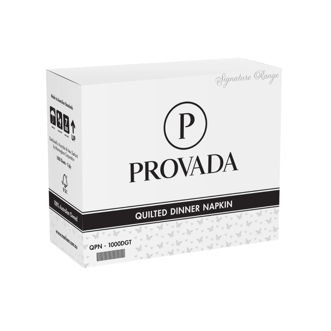 A white box of Provada Quilted Dinner Napkin, featuring a black circular 'P' logo and black text on a clean white background.