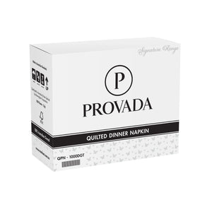 A white box of Provada Quilted Dinner Napkin, featuring a black circular 'P' logo and black text on a clean white background.