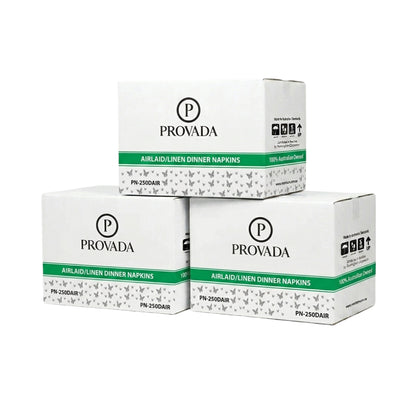 Three boxes of Provada Airbail/Linen Dinner Napkins stacked together on a plain white background.