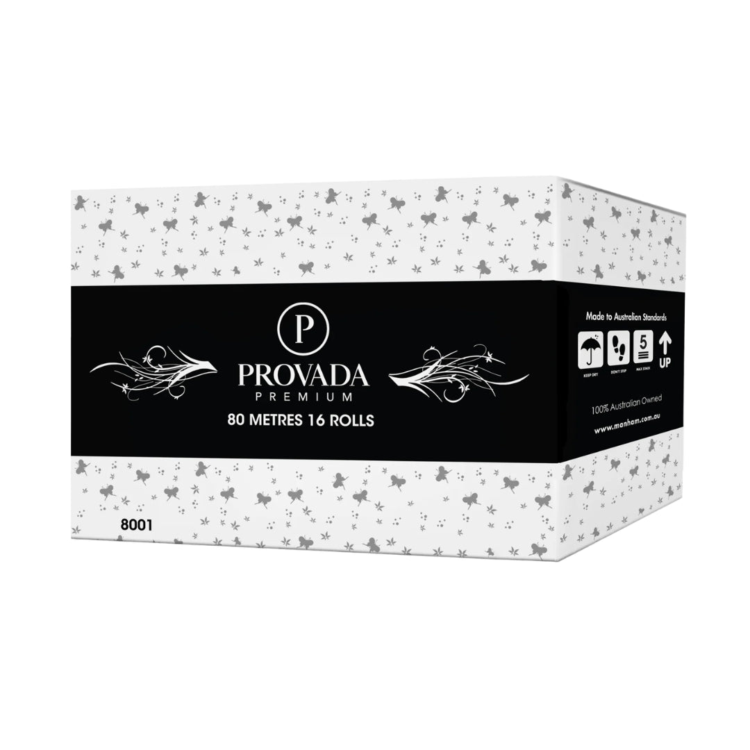 A box of Provada Premium tissue paper, 80 metres (16 rolls), featuring a black central label with white text and decorative flourishes, and a white patterned top and bottom section with small gray butterfly motifs.
