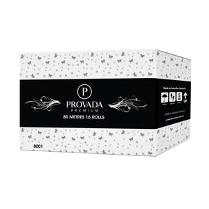 A box of Provada Premium tissue paper, 80 metres (16 rolls), featuring a black central label with white text and decorative flourishes, and a white patterned top and bottom section with small gray butterfly motifs.