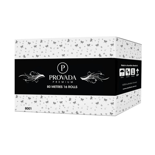 A box of Provada Premium tissue paper, 80 metres (16 rolls), featuring a black central label with white text and decorative flourishes, and a white patterned top and bottom section with small gray butterfly motifs.