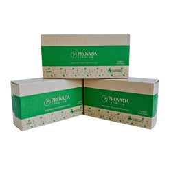 Three boxes of Provada Premium Plant Based Toilet Paper stacked in a studio shot against a white background.