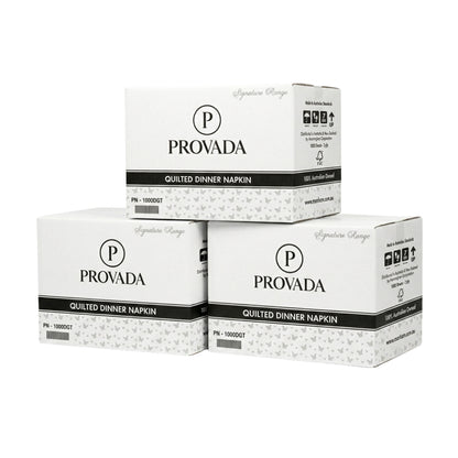 Three boxes of Provada Signature Range Quilted Dinner Napkin stacked together on a plain white background.