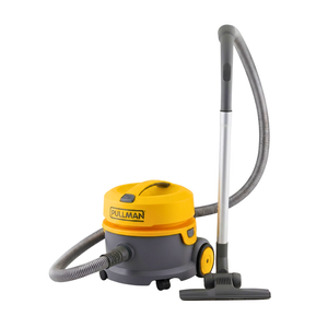 A Pullman wet/dry vacuum cleaner with a yellow and gray canister body, a flexible gray hose, a silver wand, and a floor nozzle, shown on a plain white background.