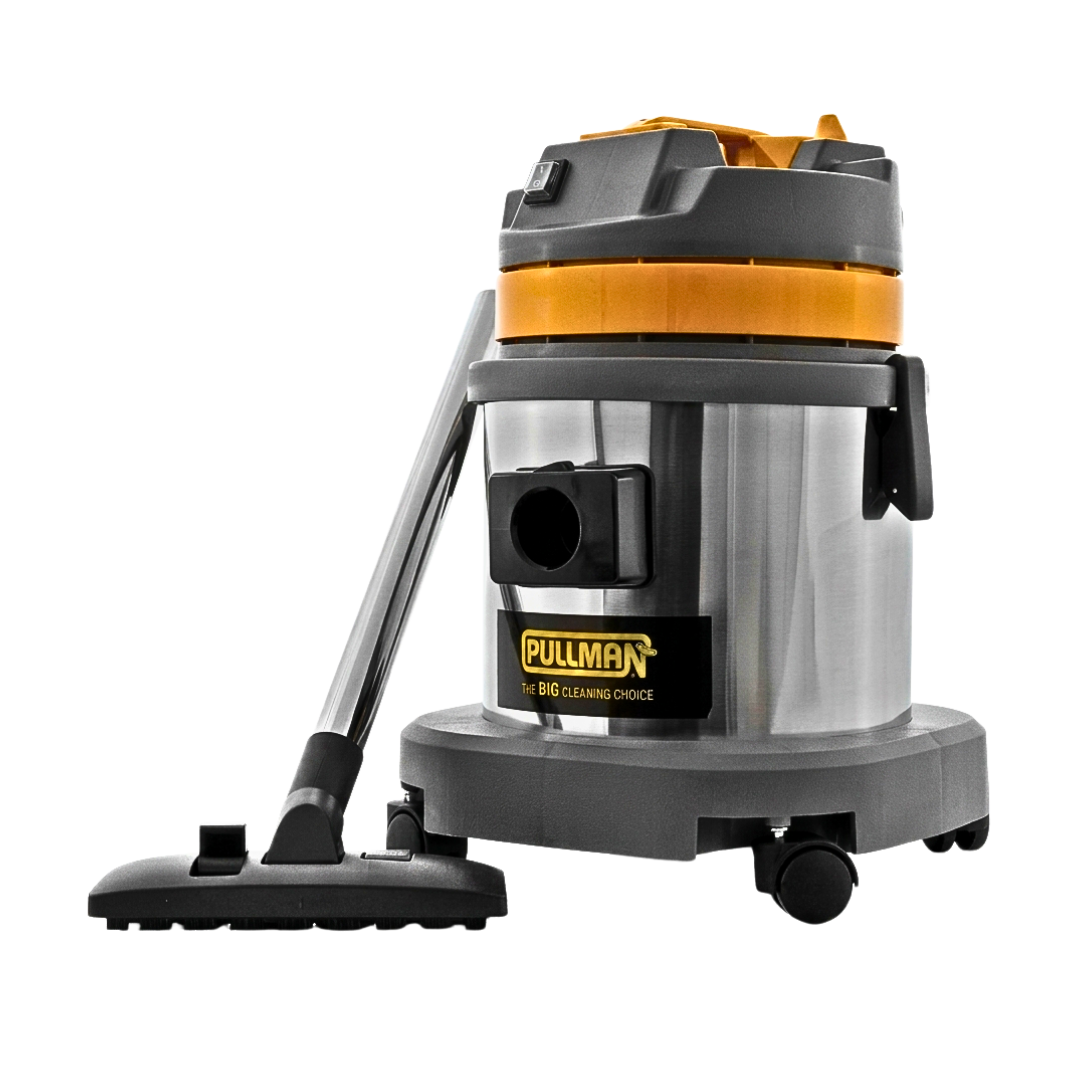 A Pullman wet/dry vacuum cleaner with a brushed silver metal canister body, dark gray plastic housing, and bright orange accents, shown with its flexible hose and floor head on a plain white background.