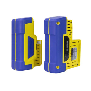Two yellow and blue industrial electronic modules or battery packs shown from front and side views on a plain white background.