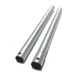 Two long silver metal tubes with black circular end caps and small pre-drilled holes, photographed on a plain white background.