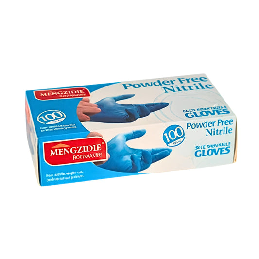 A box of Mengzidie Powder Free Nitrile Gloves, 100 count, featuring blue and white packaging with an illustration of a blue glove.