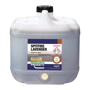 A large translucent white plastic jerrycan with a black screw cap and a front label reading 'SPITFIRE LAVENDER' and 'Research Products Out of Office'.