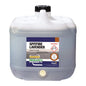 A large translucent white plastic jerrycan with a black screw cap and a front label reading 'SPITFIRE LAVENDER' and 'Research Products Out of Office'.