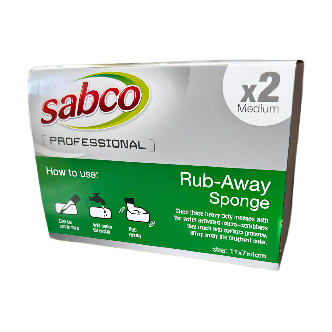 Sabco Professional Rub-Away Sponge box, size x2 Medium, showing the product packaging with instructions on a white background.