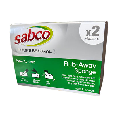 Sabco Professional Rub-Away Sponge box, size x2 Medium, showing the product packaging with instructions on a white background.