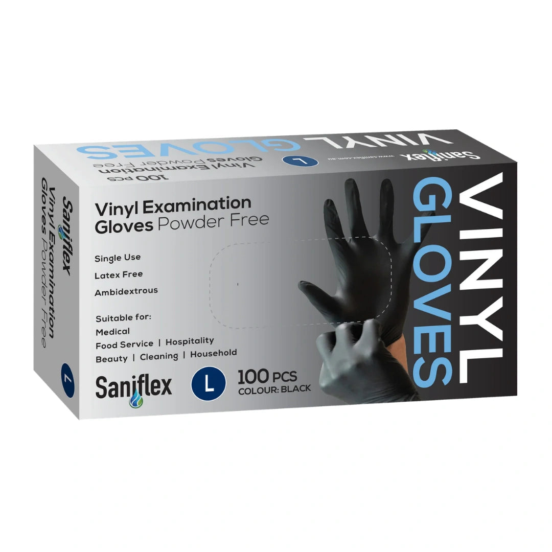 Saniflex Disposable Vinyl Gloves Powder Free - Black - 100 Pack Large