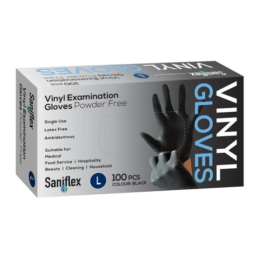 Saniflex Disposable Vinyl Gloves Powder Free - Black - 100 Pack Large