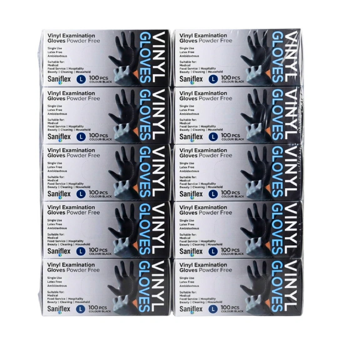 Saniflex Disposable Vinyl Gloves Powder Free - Black - 100 Pack Large