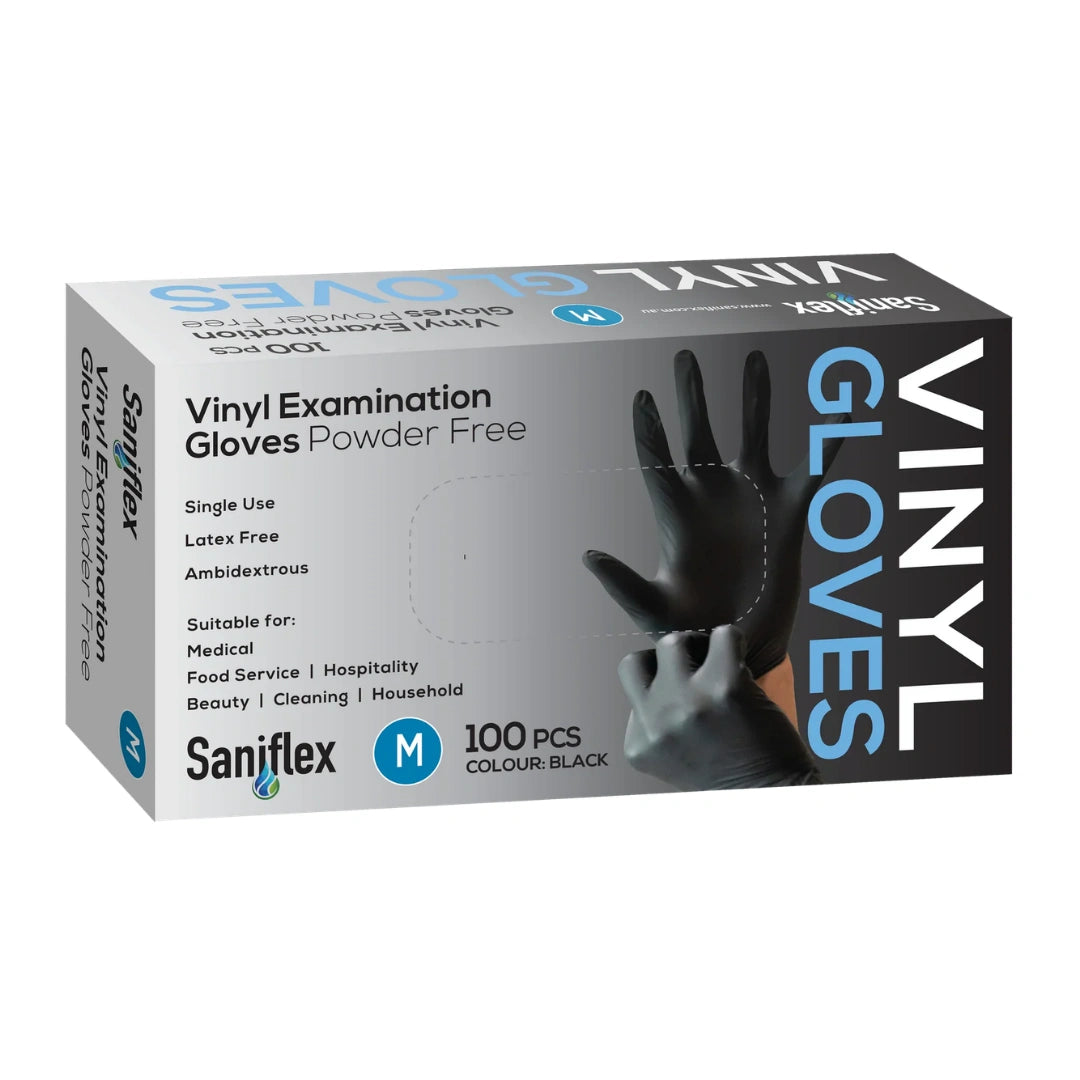 Saniflex Disposable Vinyl Gloves Powder Free - Black - 100 Pack Medium