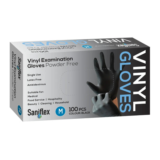 Saniflex Disposable Vinyl Gloves Powder Free - Black - 100 Pack Medium
