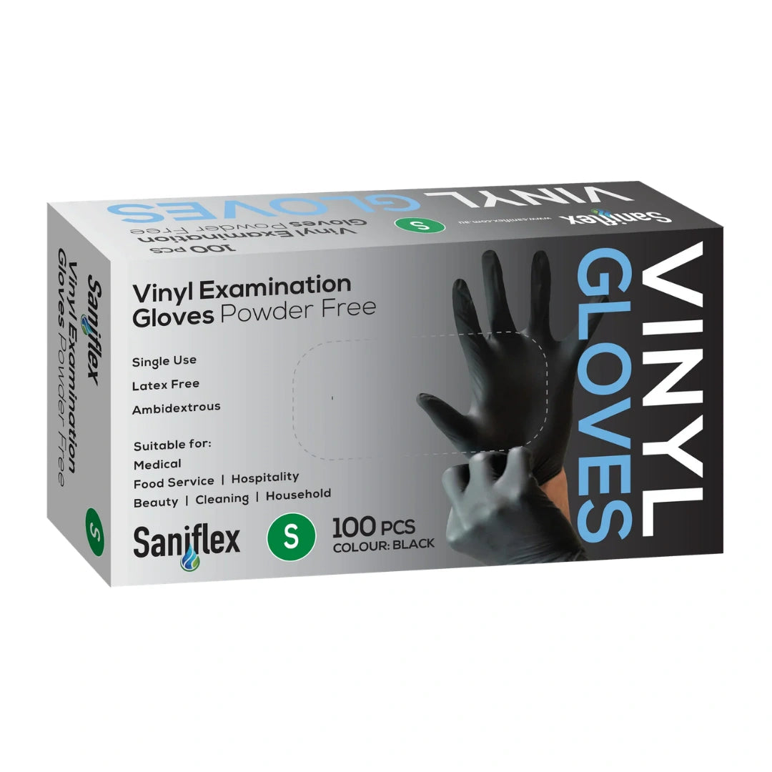 Saniflex Disposable Vinyl Gloves Powder Free - Black - 100 Pack Small