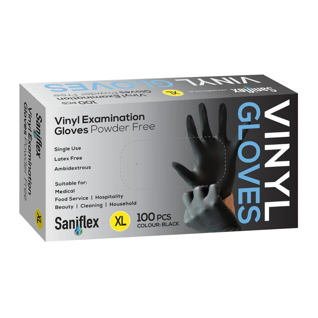 Saniflex Disposable Vinyl Gloves Powder Free - Black - 100 Pack X-Large