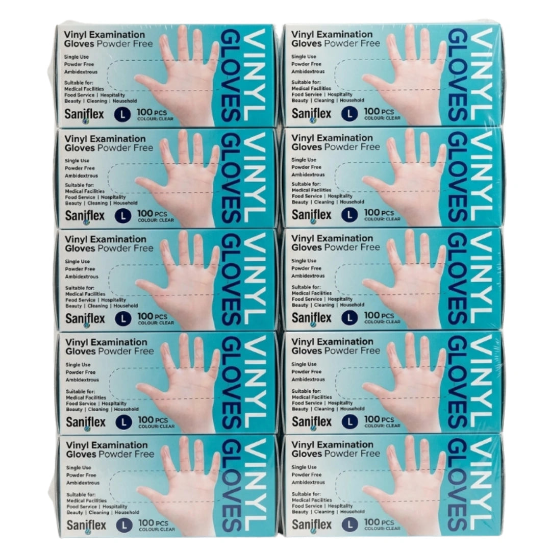 Saniflex Disposable Vinyl Gloves Powder Free - Clear - 100 Pack Large