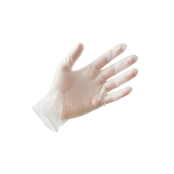 A single translucent disposable glove shown on a hand against a plain white background.