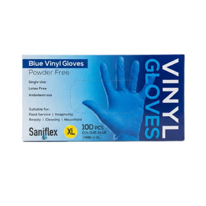 Saniflex Blue Vinyl Gloves packaging box, size XL, containing 100 pieces. The box is blue and white with a graphic of a blue glove on the hand area.