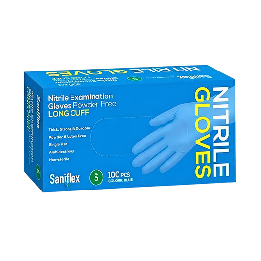 Saniflex Nitrile Glove Long Cuff Blue Small, Box 100