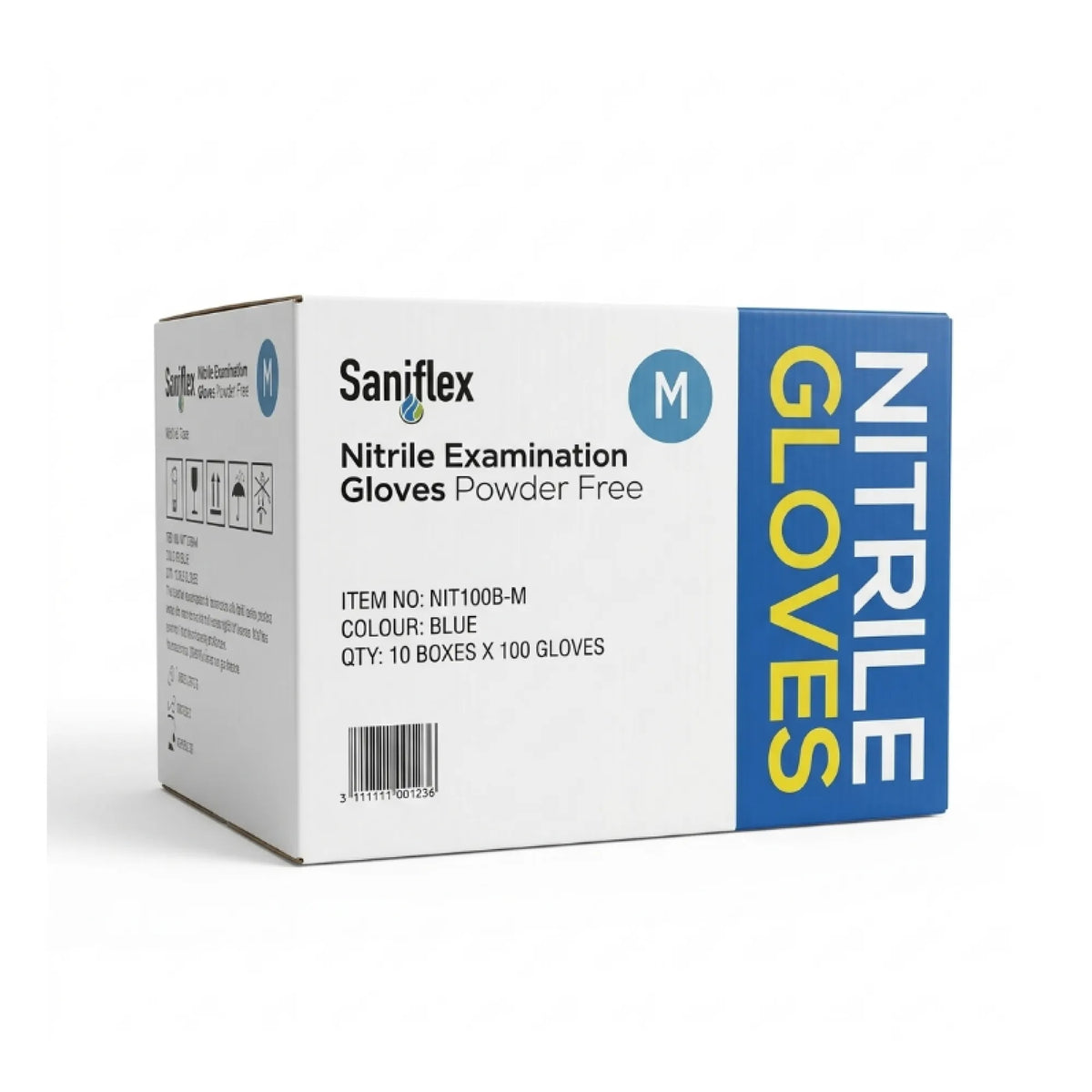 Saniflex Nitrile Examination Gloves Powder Free box in size M (Blue), showing the front and side packaging on a white background.