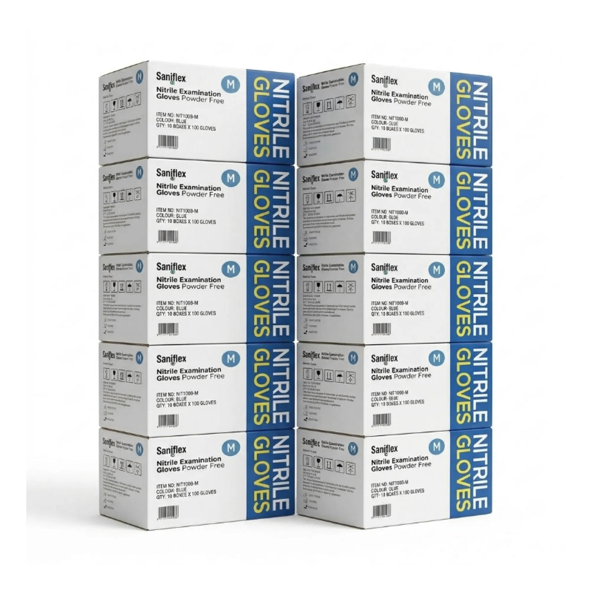 Six boxes of Saniflex Triple Gloves Powder (M) stacked in two columns of three on a plain white background.