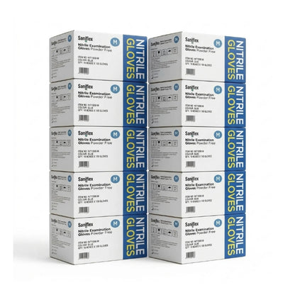 Six boxes of Saniflex Triple Gloves Powder (M) stacked in two columns of three on a plain white background.