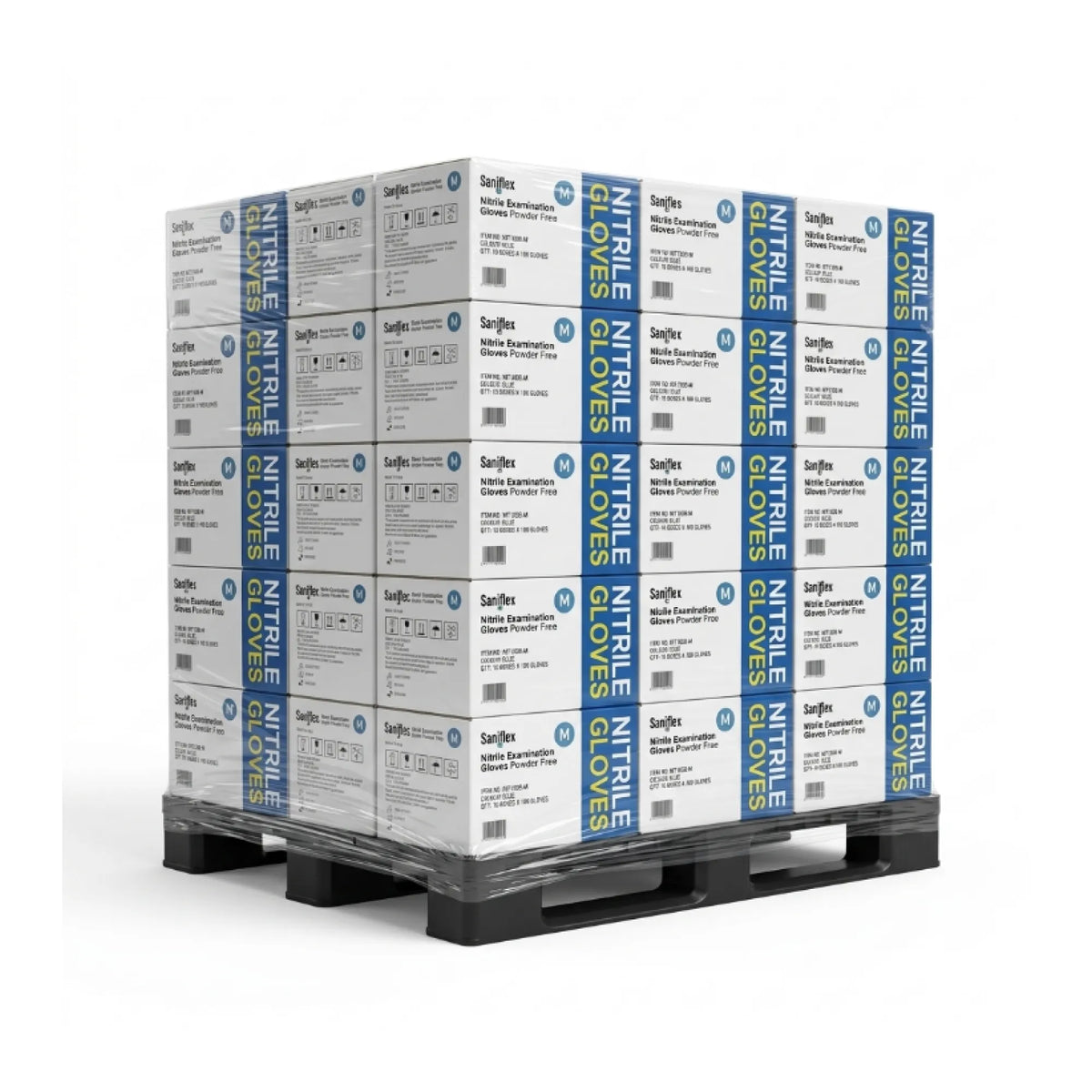 A pallet stacked with boxes of Sar&Ghose Nitrile Gloves, shown on a clean white background.