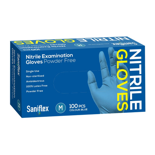 Saniflex Nitrile Gloves Medium - Powder Free - Blue, 100 Pack