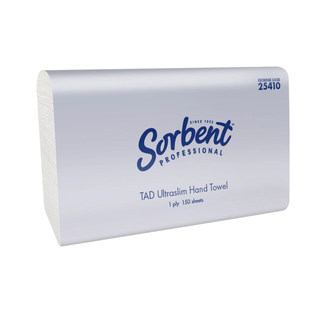 A pack of Sorbent Professional TAD Ultrasilim Hand Towels, 1 ply and 150 sheets, shown on a clean white background.