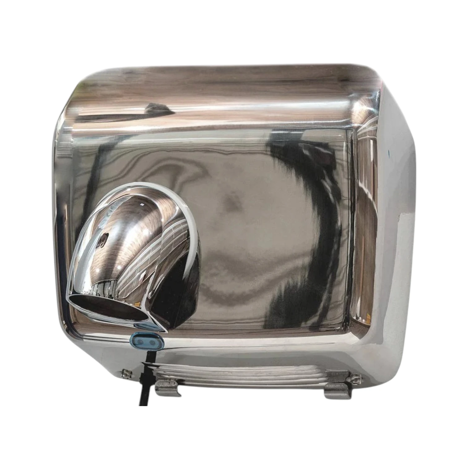 A stainless steel automatic wall-mounted hand dryer with a curved nozzle, shown against a plain white background.