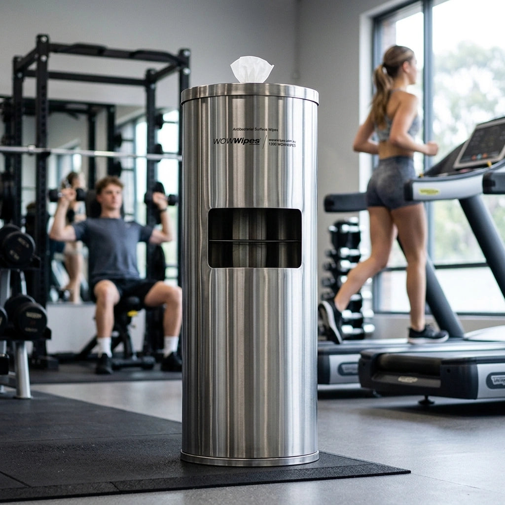 A stainless steel gym trash can with a tissue dispenser, standing on a black mat in a gym with people working out in the background.