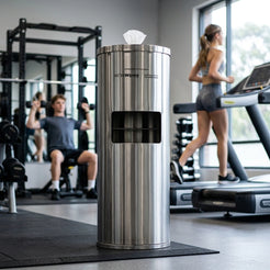 A stainless steel gym trash can with a tissue dispenser, standing on a black mat in a gym with people working out in the background.